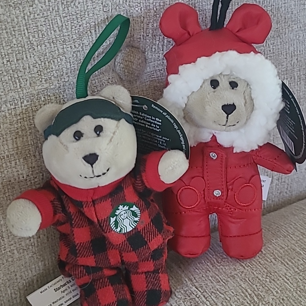 Starbucks Red Plaid (2020) & Red Winter Coat (2021) Bear Ornaments